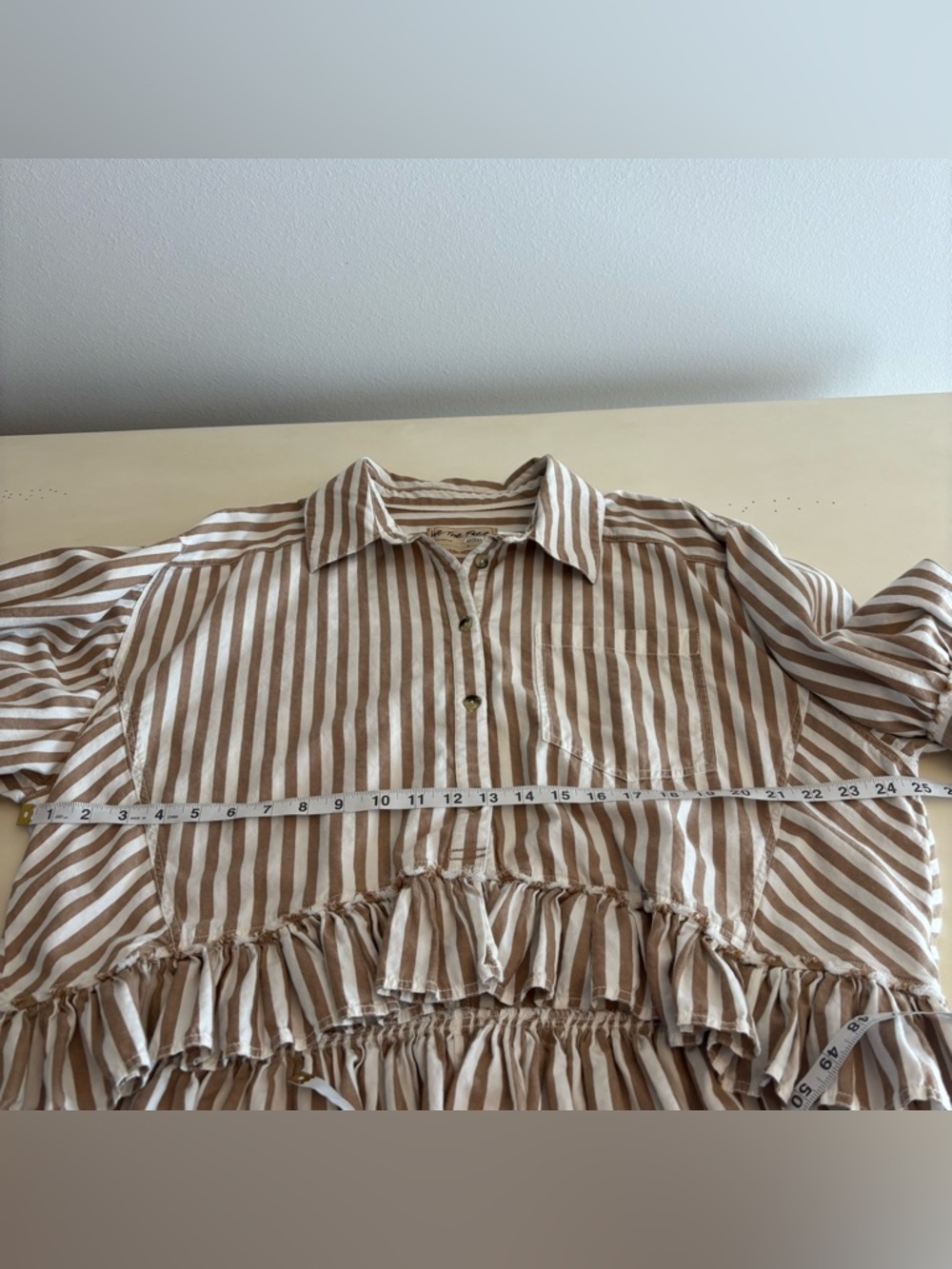 We The Free Beige and White Striped Ruffle Hem Button Down Shirt - Picture 8 of 12